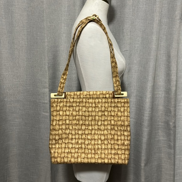 Vintage Toby Weston Convertible Bag-Cloth-Faux Woven Look Print-Tan/Beige - Picture 2 of 16